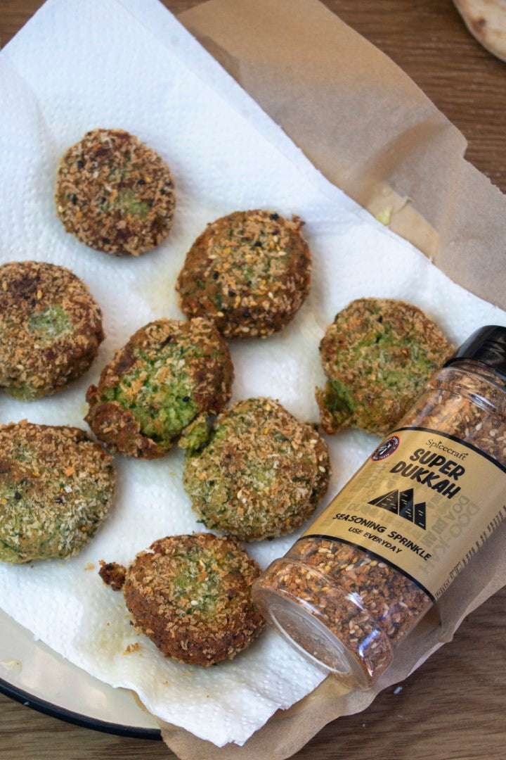 Crispy Kiwi Falafel Pitas with Super Dukkah and Hummus – Spicecraft