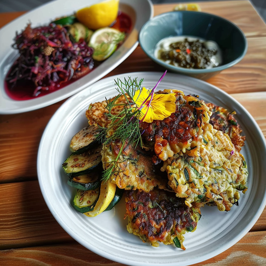 Courgette Fritters with Chicken Salt Rocks