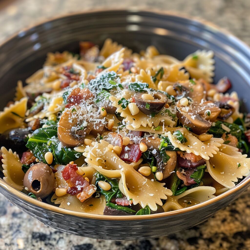Bacon, Mushroom, Olives and Spinach Pasta
