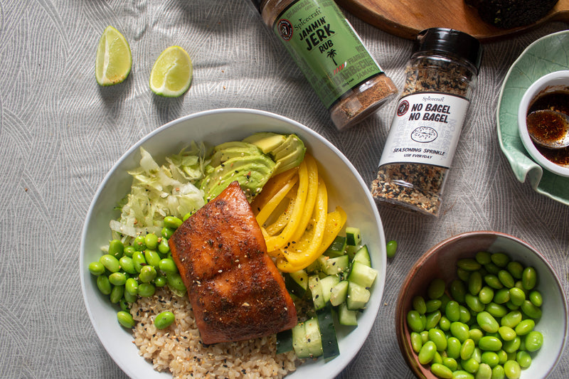 Spicy Salmon Bowls with No Bagel Crunch and Jammin’ Jerk Heat