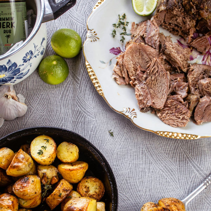 Jammin’ Jerk Slow Cooker Lamb with Crispy Spiced Potatoes