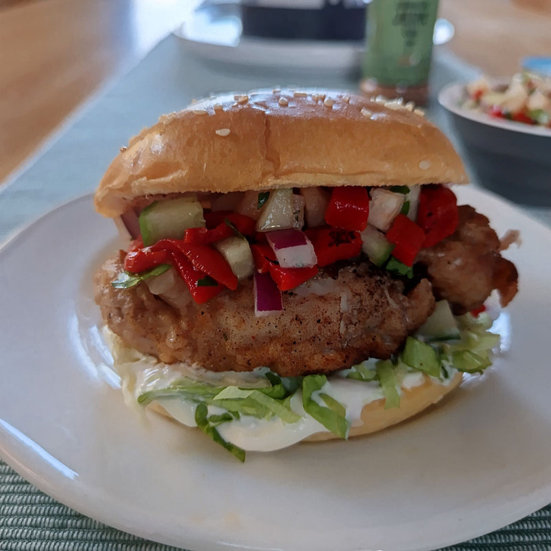 Jammin’ Jerk Chicken Burgers with Pineapple Salsa + Lime Mayo