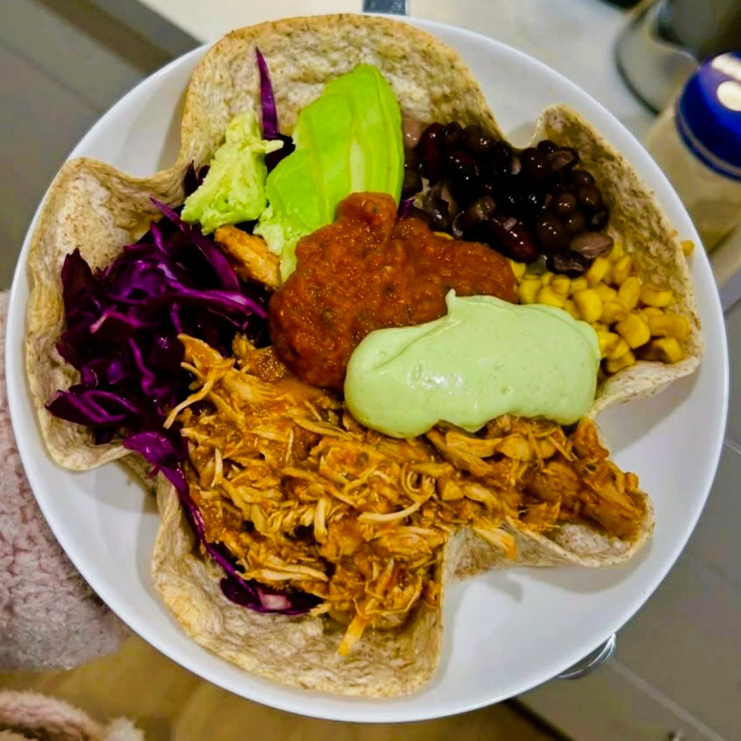 Pulled Chicken Bowls with Salsa, Avocado Crema & Mexican Rice