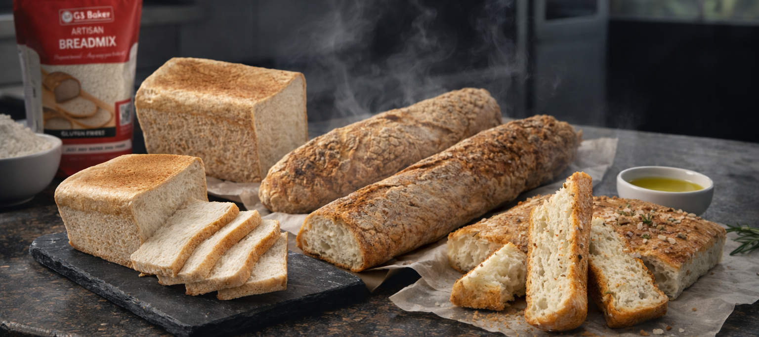Assorted Gluten free bread loaves and slices on a stone surface with a bread mix package in the background.