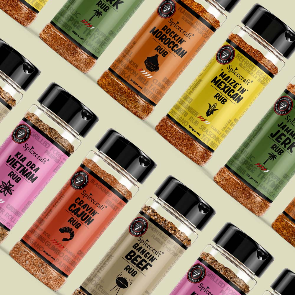 Large array of colourful bbq rubs