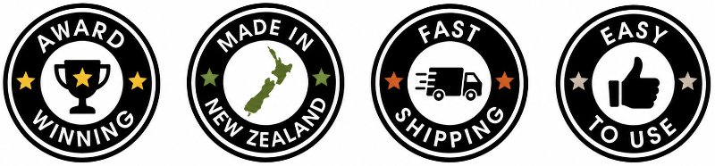 four circular icons with text and graphics on a white background